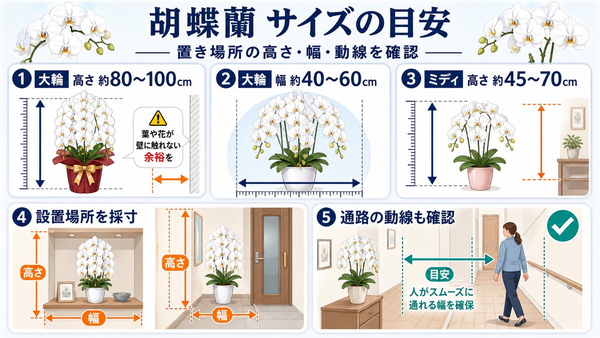大輪とミディの胡蝶蘭3本立ちの高さと横幅の目安