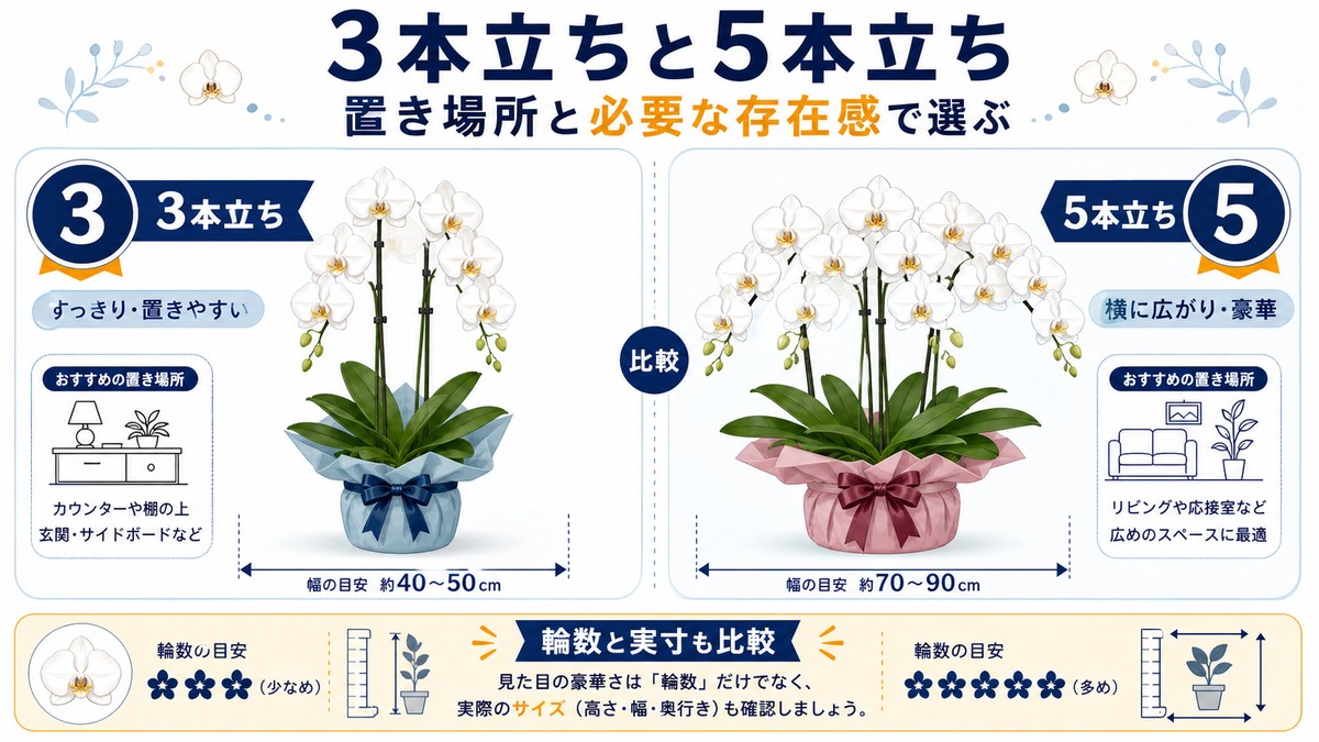胡蝶蘭3本立ちと5本立ちの横幅や用途の比較