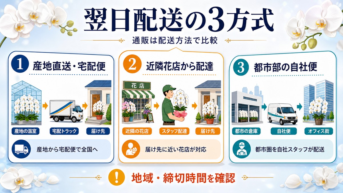 胡蝶蘭通販の配送方式を比較した図