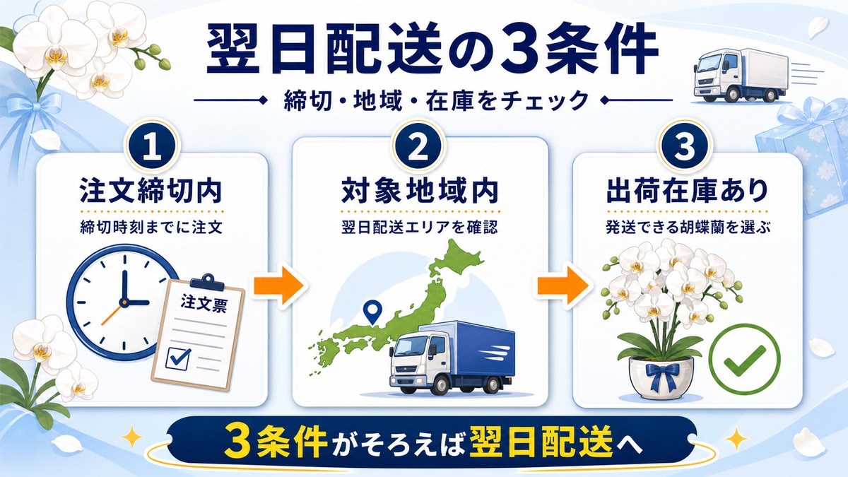 胡蝶蘭の翌日配送を左右する3条件
