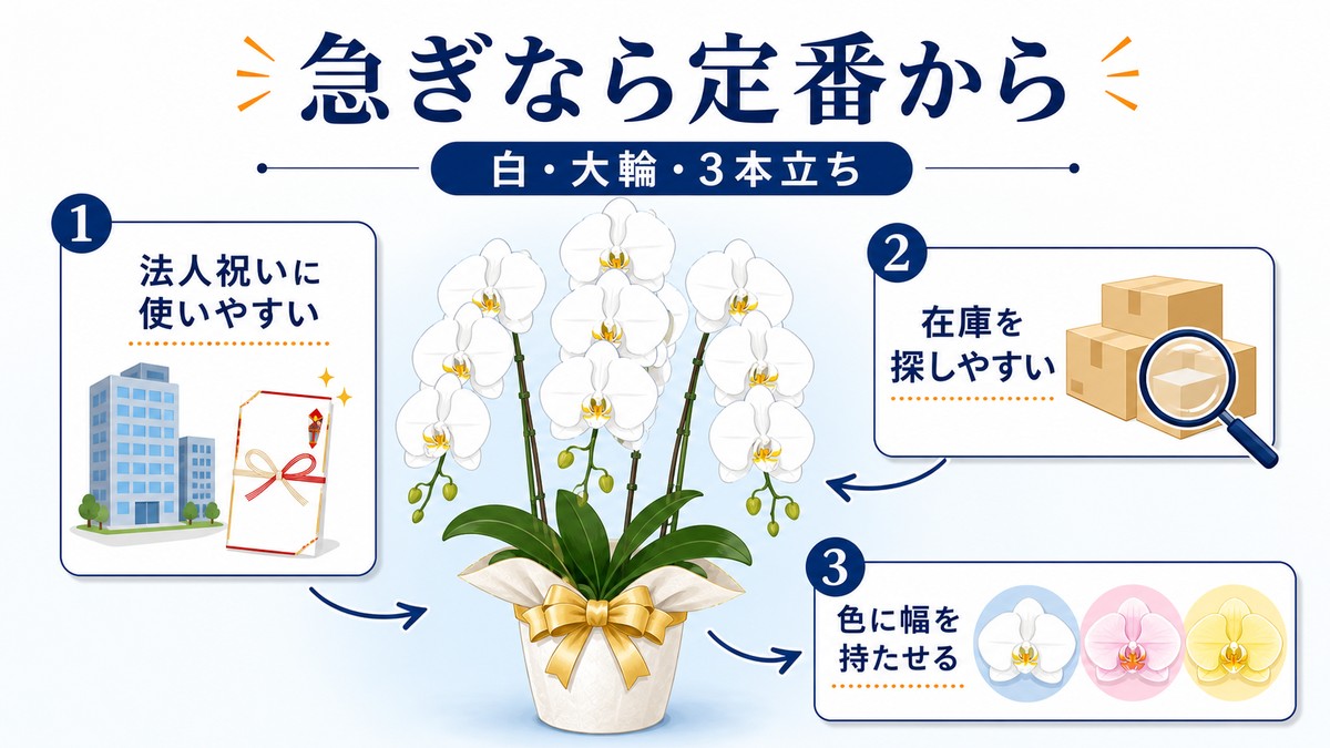 翌日配送で選びやすい白い大輪胡蝶蘭3本立ち