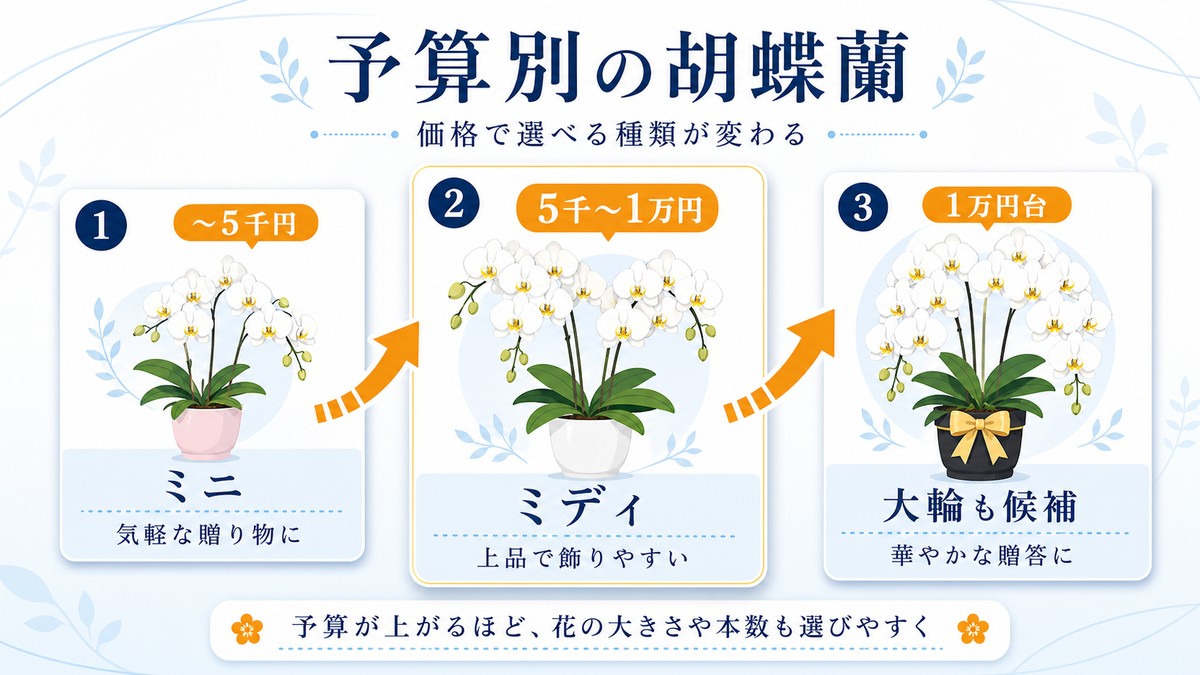 胡蝶蘭の予算別にミニ・ミディ・大輪を比較した図