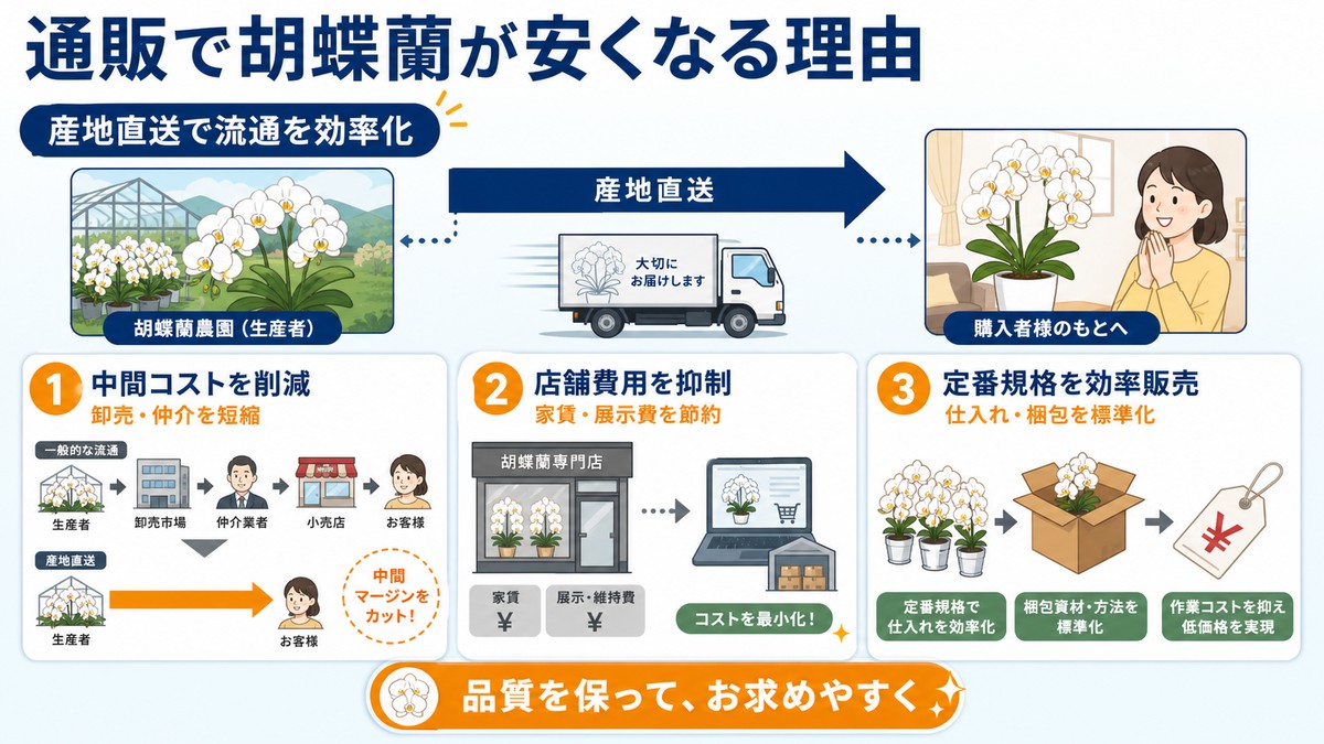 産地から購入者へ胡蝶蘭を直送する流通経路の図