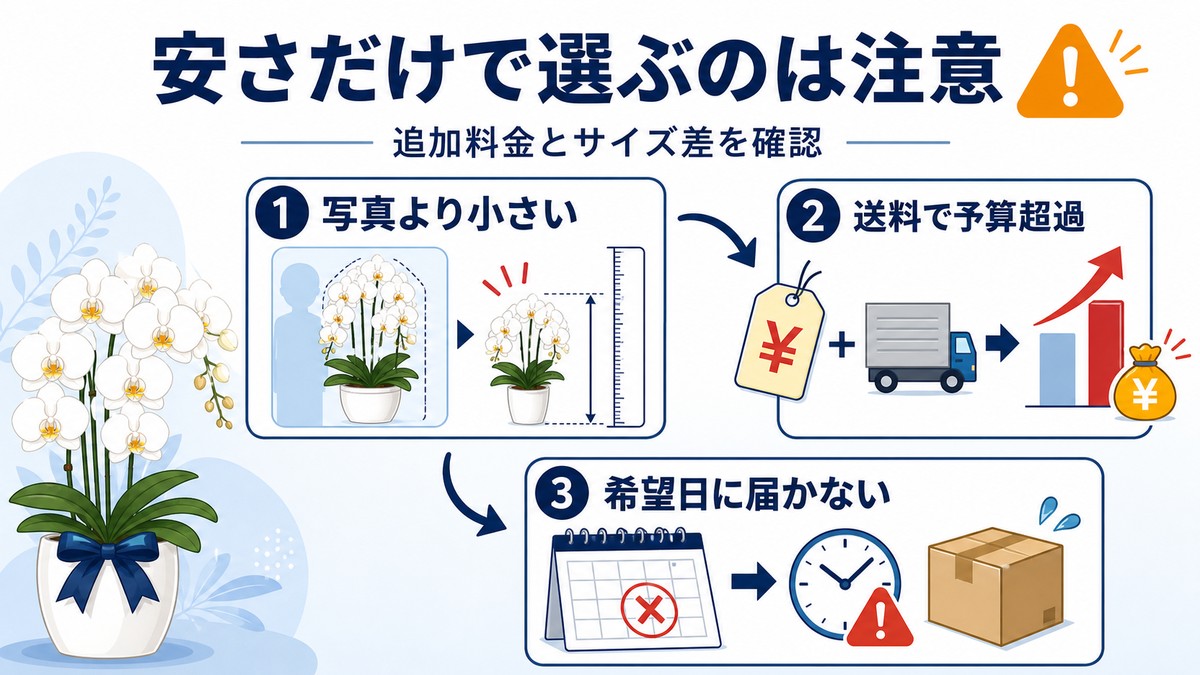 安い胡蝶蘭を価格だけで選ぶ際の注意点を示す図
