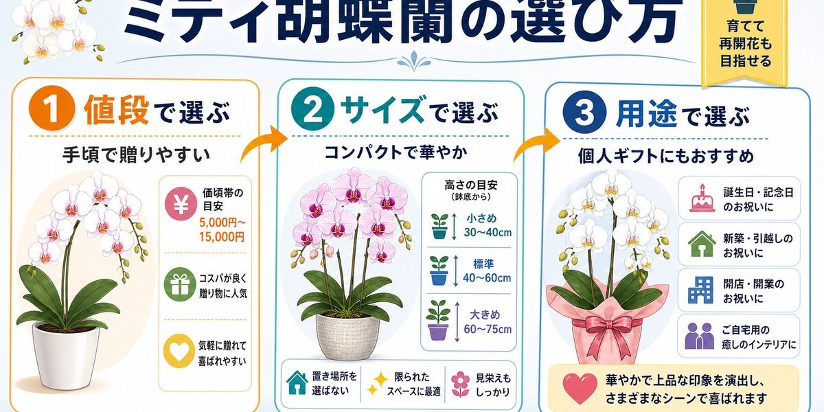 白とピンクのミディ胡蝶蘭を明るい室内に飾ったイメージ