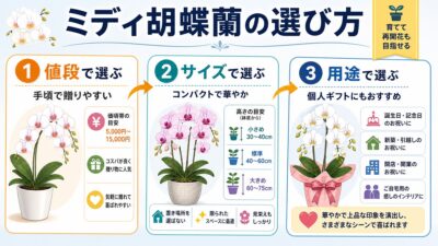 白とピンクのミディ胡蝶蘭を明るい室内に飾ったイメージ