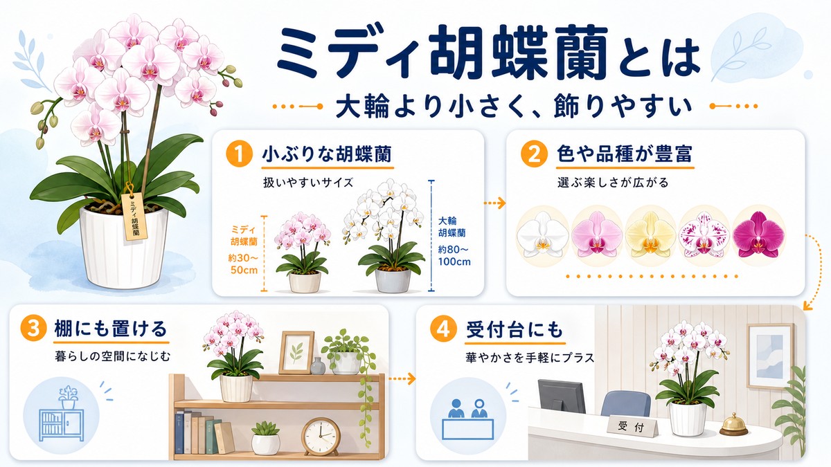 ミディ胡蝶蘭の花と鉢全体の特徴を示す図解