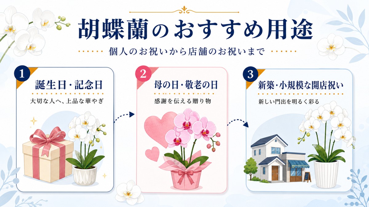 誕生日や母の日、開店祝いなどミディ胡蝶蘭の用途を示す図解