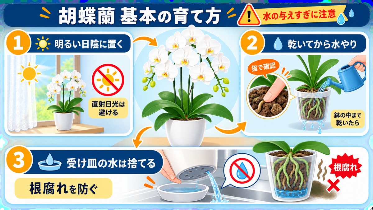 ミディ胡蝶蘭の置き場所と水やりを説明する手順図