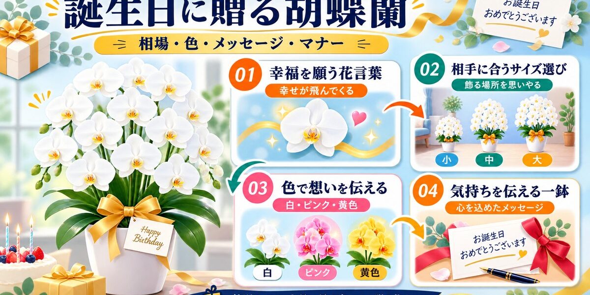 ピンクと白の胡蝶蘭を誕生日プレゼントとして飾った華やかなイメージ