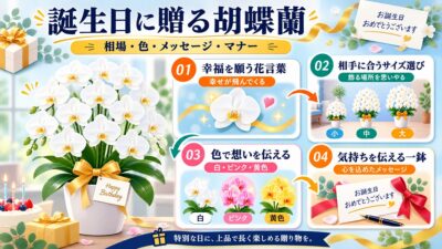 ピンクと白の胡蝶蘭を誕生日プレゼントとして飾った華やかなイメージ