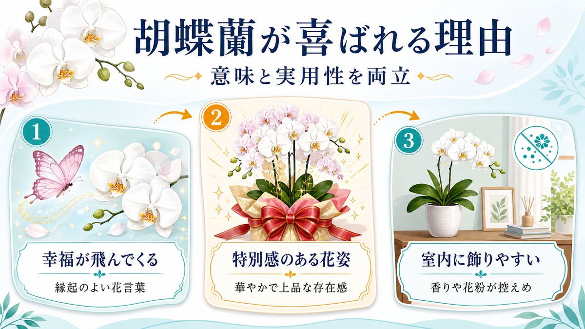 誕生日に胡蝶蘭が喜ばれる3つの理由を示した図解