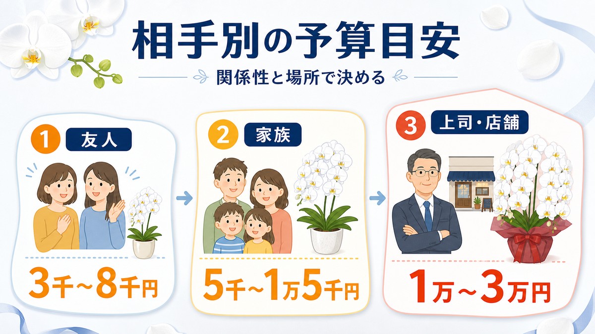 贈る相手別に誕生日用胡蝶蘭の予算を比較した図解
