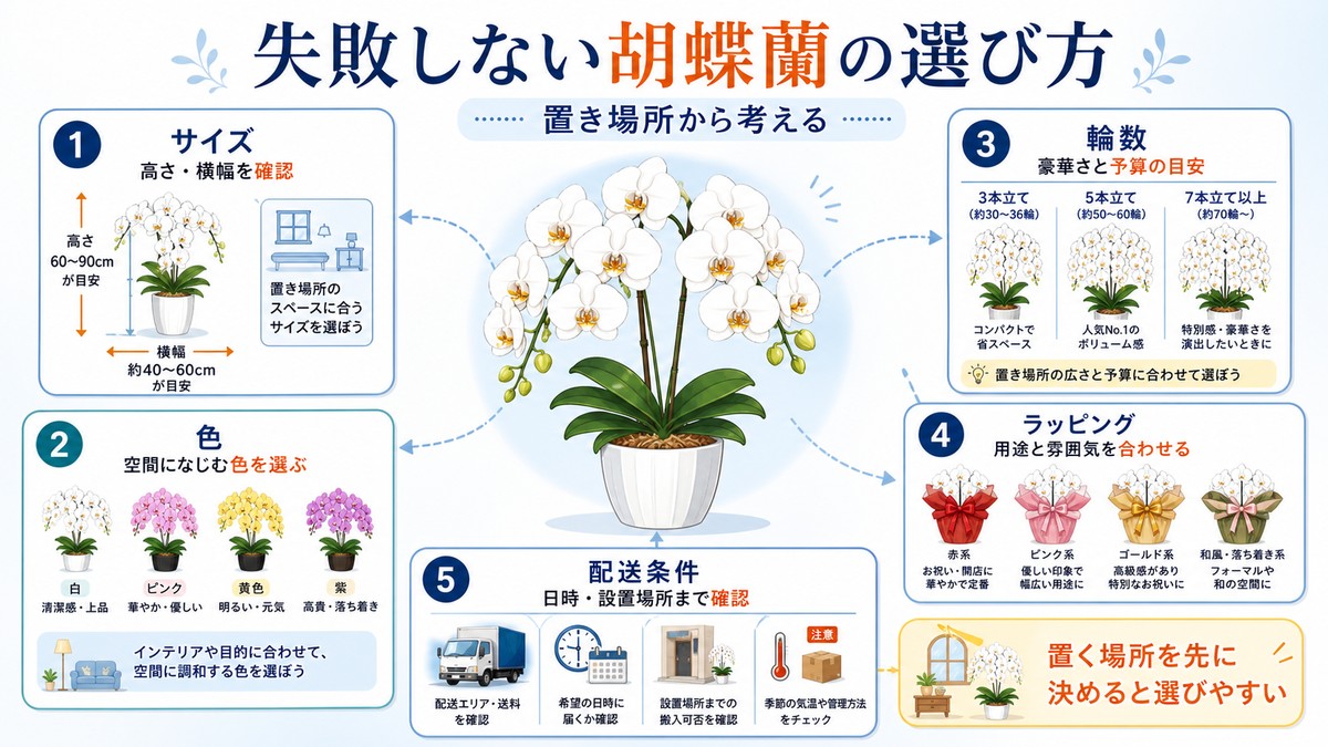 誕生日用胡蝶蘭を選ぶ5つの手順を示した図解