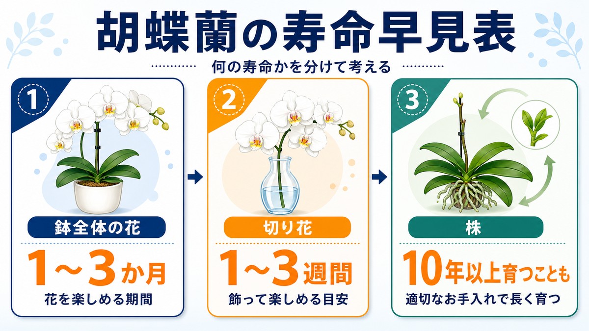 胡蝶蘭の花と株と切り花の寿命を比較した図